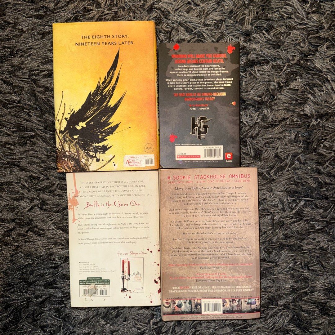 800 for 4! Best-Selling Books (Category: Storybooks) located in San Juan City. Submitted by zacherymartine (Listing ID 1409675864, Image 2). Description: Buy as 800 or 250 each: - Collection includes: "Harry Potter and the Cursed Child," "The Hunger Games," "Buffy the Vampire Slayer," and "True Blood Omnibus." - Titles and authors clearly visible. - Intact spines and covers. - Ideal for fantasy and young adult fiction readers..