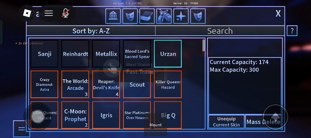 a universal time combo (Category: Others) located in Kuala Lumpur. Submitted by vaxyrez (Listing ID 1409781663, Image 1). Description: Selling various Roblox game items including Urzan, Reaper: Devil's Knife, Scout, and Killer Queen: Hazard. Also available are Sanji, Reinhardt, Metallix, Crazy Diamond: Astra, The World: Arcade, C-Moon: Prophet, Igris, Star Platinum: Over Heaven, and Big Q. Current capacity is 174, with a max capacity of 300..