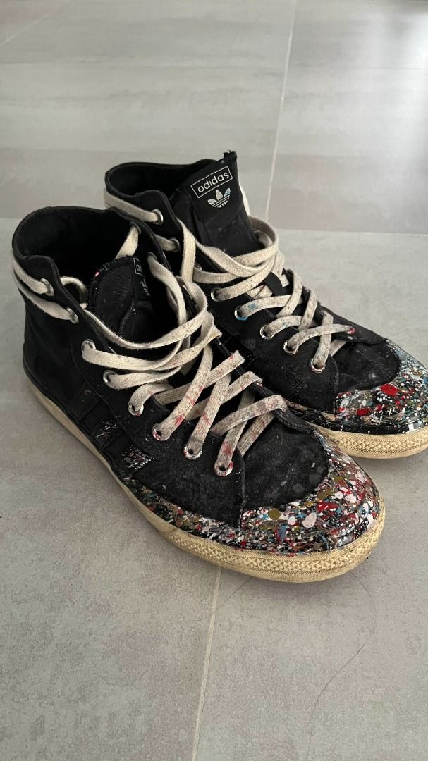 Adidas Custom Nizza High Top Sneakers (Category: Sneakers) located in Muntinlupa City. Submitted by hershface (Listing ID 1409630222, Image 2). Description: -Adidas Custom Nizza high-top sneakers black -Paint-splatter design on the toe caps -Size : US 9 / EU 42 .
