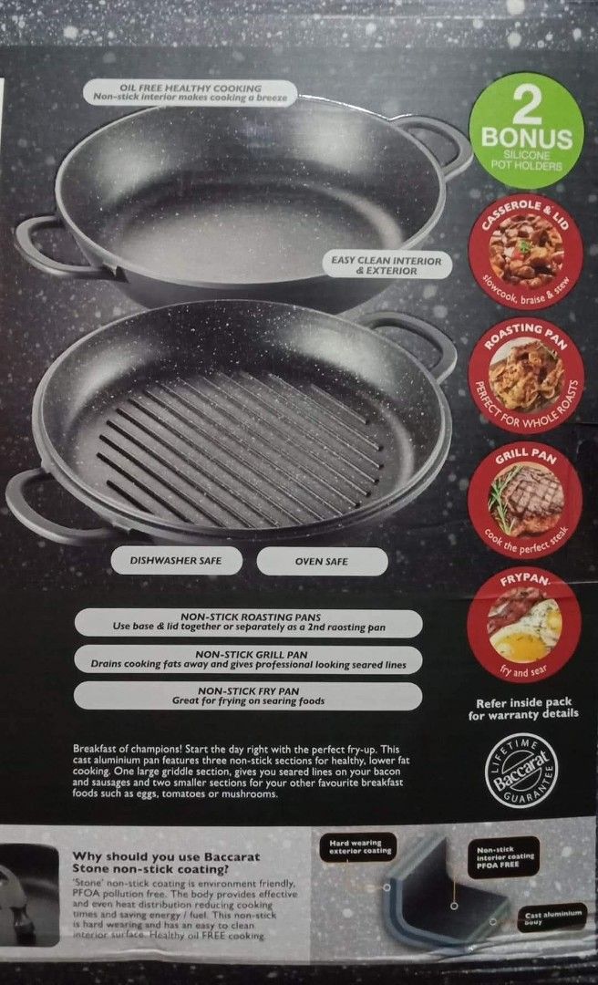 Baccarat Stone FryPan & Grillpan Set (Category: Cookware & Accessories) located in Taguig. Submitted by ezmilyones (Listing ID 1409787710, Image 3). Description: 🍲BACCARAT STONE🍲 FRYPAN & GRILLPAN DISH & LID 30CM MULTI COOKER 2 PIECE SET OIL FREE COOKING, USE BASE & LID TOGETHER OR SEPARATELY GRILL PAN COOKS SEARED LINES WHILE DRAINING AWAY UNHEALTHY FATS. SUITABLE FOR ALL COOKTOPS AND OVEN SAFE STOE LIKE HARD WEARING NON STICK INTERIOR DISHWAS