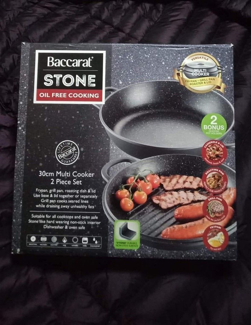 Baccarat Stone FryPan & Grillpan Set (Category: Cookware & Accessories) located in Taguig. Submitted by ezmilyones (Listing ID 1409787710, Image 1). Description: 🍲BACCARAT STONE🍲 FRYPAN & GRILLPAN DISH & LID 30CM MULTI COOKER 2 PIECE SET OIL FREE COOKING, USE BASE & LID TOGETHER OR SEPARATELY GRILL PAN COOKS SEARED LINES WHILE DRAINING AWAY UNHEALTHY FATS. SUITABLE FOR ALL COOKTOPS AND OVEN SAFE STOE LIKE HARD WEARING NON STICK INTERIOR DISHWAS