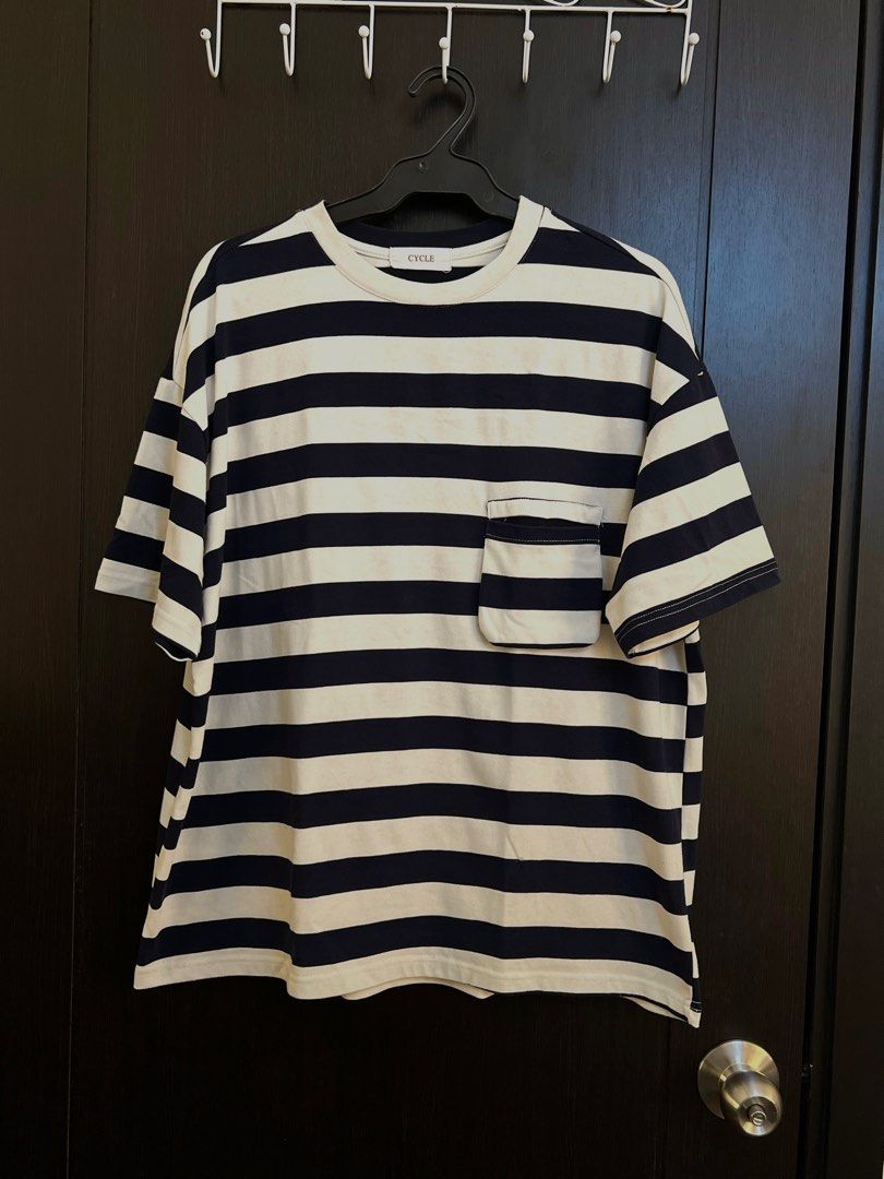 Crewneck Striped T-shirt (Category: Tshirts & Polo Shirts ) located in Makati City. Submitted by i_declutter.mnl (Listing ID 1409700668, Image 1). Description: - Striped cycle t-shirt - Round neckline - Short sleeves - Relaxed fit - Features a pocket - Brand label visible - Ideal for casual wear.