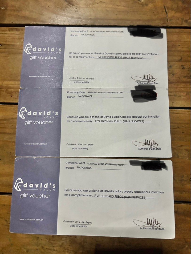 David's Salon Gift Voucher - Hair Services (Category: Vouchers) located in Malabon City. Submitted by menriquez00 (Listing ID 1409774680, Image 1). Description: Davids Salon Gift Cheque worth 3K!! Perfect ngayon pasko para sa mag papa rebond!!!!! Pwede gamitin any branch (Monday-Friday) Benta ko na lang ng 2,000 free na yung dalawa na worth 1K slightly negotiable) Hair services only.