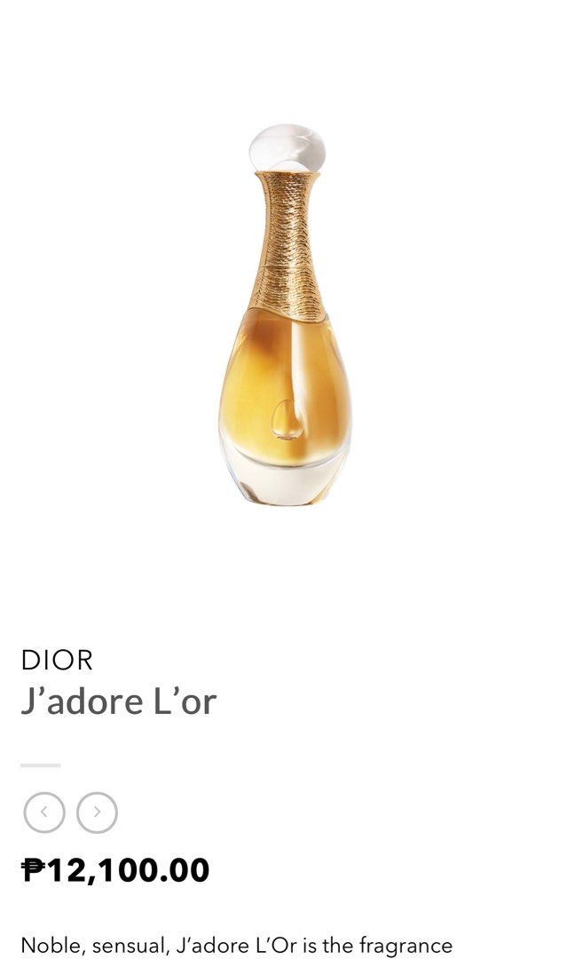 Dior J'adore L'or Essence de Parfum (Category: Fragrance & Deodorants) located in San Juan City. Submitted by declutterrrsale (Listing ID 1409737791, Image 2). Description: - Authentic Dior J'adore L'or Essence de Parfum - New and sealed in original packaging - Sensual floral fragrance - Unique gold-colored bottle design - Gifted and never used; selling below SRP! Store price is P12,100.
