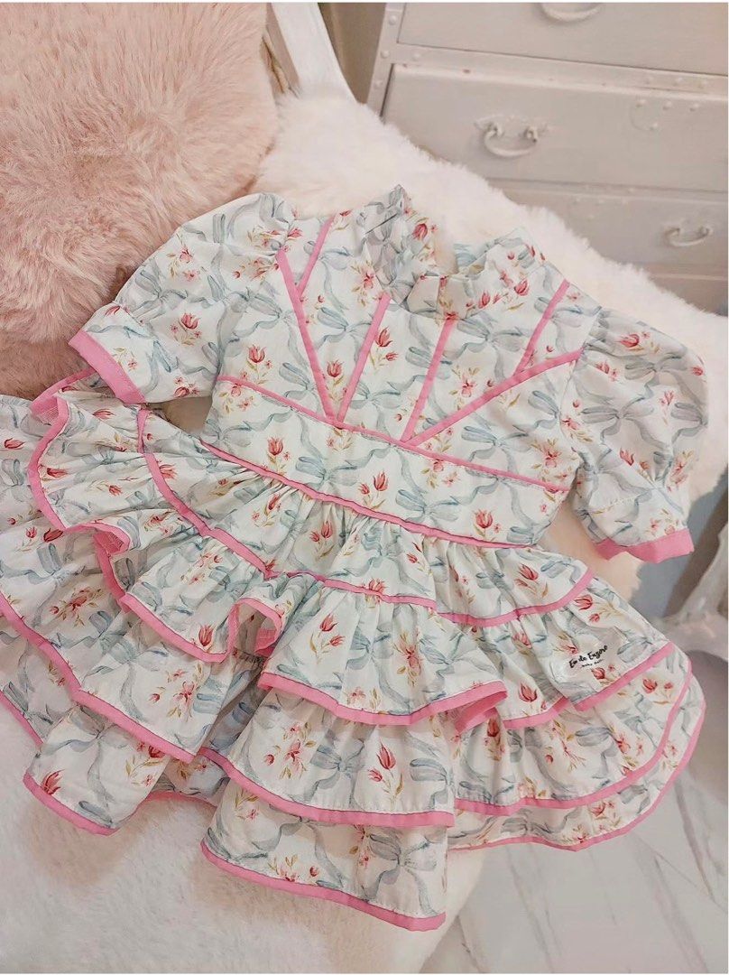 Floral Ruffle Dress with Bow (Category: Dresses) located in Las Pinas. Submitted by momshkey (Listing ID 1409650474, Image 1). Description: - Adorable floral dress - Features layered ruffles and pink trim - Short puff sleeves - Includes a matching bow - Delicate floral pattern on a light blue background - Perfect for special occasions or everyday wear Large size, best fit for 2-3 years old.