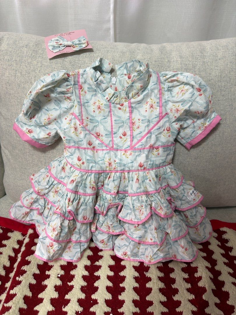 Floral Ruffle Dress with Bow (Category: Dresses) located in Las Pinas. Submitted by momshkey (Listing ID 1409650474, Image 2). Description: - Adorable floral dress - Features layered ruffles and pink trim - Short puff sleeves - Includes a matching bow - Delicate floral pattern on a light blue background - Perfect for special occasions or everyday wear Large size, best fit for 2-3 years old.