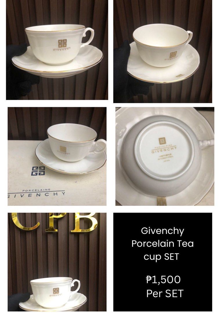 Givenchy Porcelain Tea Cup Set (Category: Coffee & Tea Tableware) located in Pasay City. Submitted by watch.authentic_ph (Listing ID 1409655655, Image 1). Description: - Givenchy porcelain teacup set - Features a white cup and saucer - Elegant gold trim and Givenchy logo - Set includes one cup and one saucer - Marked 'Porcelaine Givenchy'.