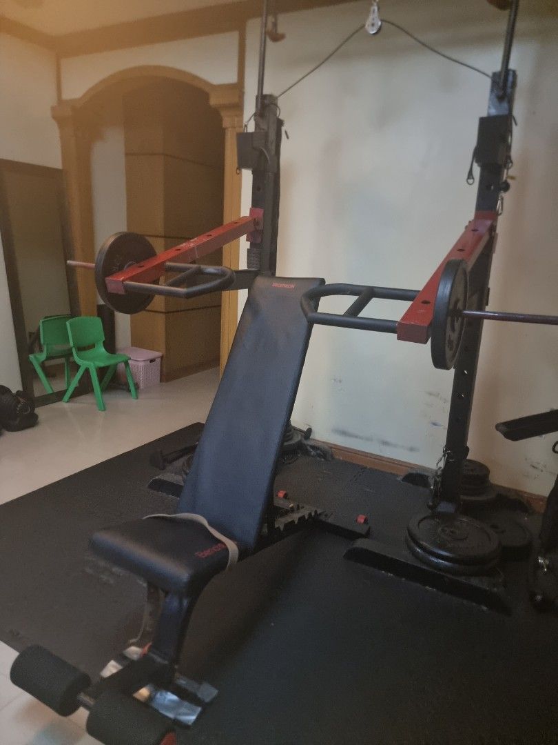 Home Gym Set with Weights (Category: Weights & Dumbbells) located in Pasig City. Submitted by sfork (Listing ID 1409798944, Image 3). Description: Custom made detachable power rack With attachments. Everything included: Belt squat attachment rig Spotter Arms Rack Attachments for Power & Squat J hooks Dip bar attachment Dual bench press attachments 2 pcs 50lb plates 2 pcs 42lb plates 6 pcs 22lb plates 8 pcs 10lb plates 4 pcs 5lb plates Bars: 6tf s