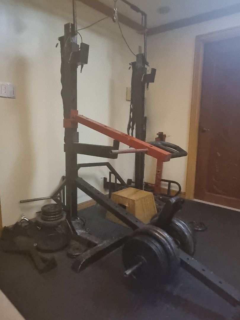 Home Gym Set with Weights (Category: Weights & Dumbbells) located in Pasig City. Submitted by sfork (Listing ID 1409798944, Image 2). Description: Custom made detachable power rack With attachments. Everything included: Belt squat attachment rig Spotter Arms Rack Attachments for Power & Squat J hooks Dip bar attachment Dual bench press attachments 2 pcs 50lb plates 2 pcs 42lb plates 6 pcs 22lb plates 8 pcs 10lb plates 4 pcs 5lb plates Bars: 6tf s