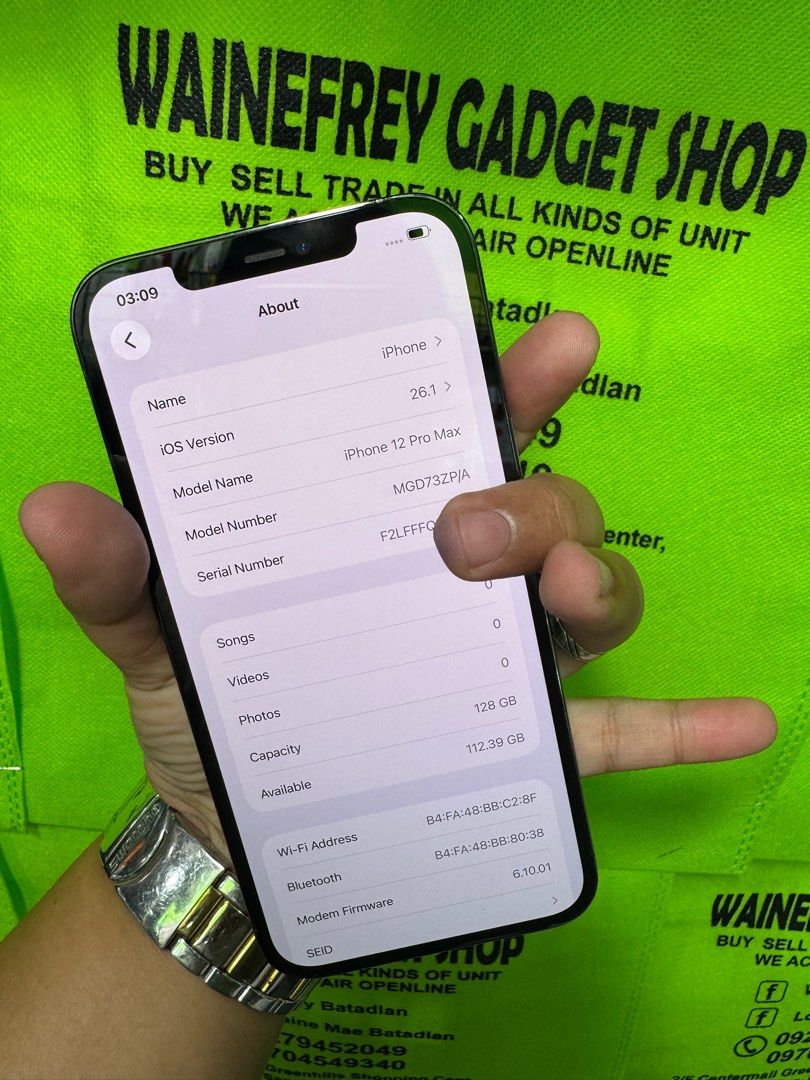 iPhone 12 Promax 128gb (F.U) (Category: iPhone 12 Series) located in San Juan City. Submitted by wainefreygadgetshop (Listing ID 1409746478, Image 2). Description: iPhone 12 Promax 128gb (F.U) ALL GOODS AT WORKING NO REPAIR HISTORY CAMERA GOODS PEDE PANG PARTS READY TO USE UNLI RESET NO HIDDEN APPLE I.D BATTERY 94% PEDE PANG BACK UP PHONE TEST TO SAWA BAGO BAYARAN Buy at your own risk 😊 For fast transaction call/text 09279452049,09704549340 *PAG