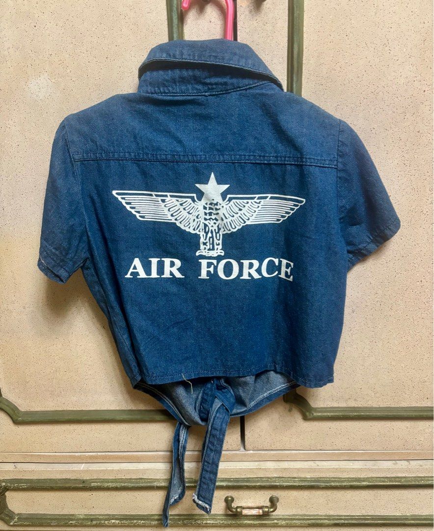 K-Style Air Force Denim Tie-Front Crop Top (Category: Others Tops) located in Quezon City. Submitted by 86thstreet (Listing ID 1409727696, Image 2). Description: - Width (Shoulders): 14 inches - Length: 18 inches .
