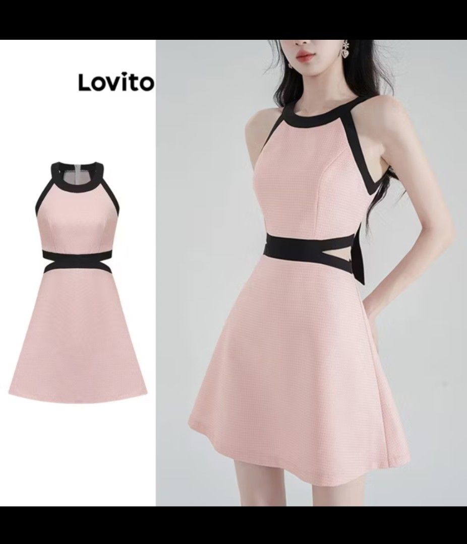 Lovito Pink Halter Dress (with damage) (Category: Dresses) located in Bulacan. Submitted by nocturnaaa (Listing ID 1409727733, Image 1). Description: BRAND NEW but with fixable damaged. - Lovito pink halter dress - Black trim and cut-out design - Flared skirt - Tie-up halter straps - Textured fabric - Condition: Visible damage.