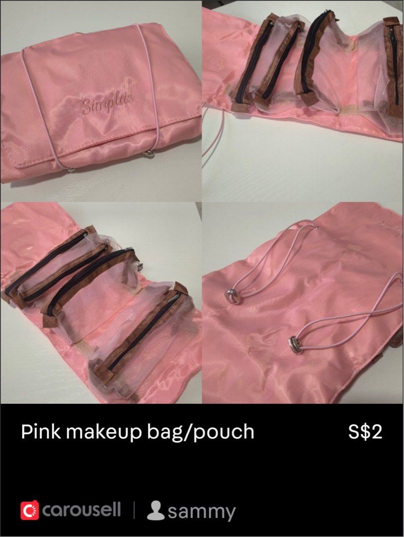 Makeup pouch (Category: Purses & Pouches) located in Singapore. Submitted by sammy (Listing ID 1409676680, Image 1). Description: - Pink Simplus makeup pouch - Features multiple compartments - Perfect for organizing makeup.