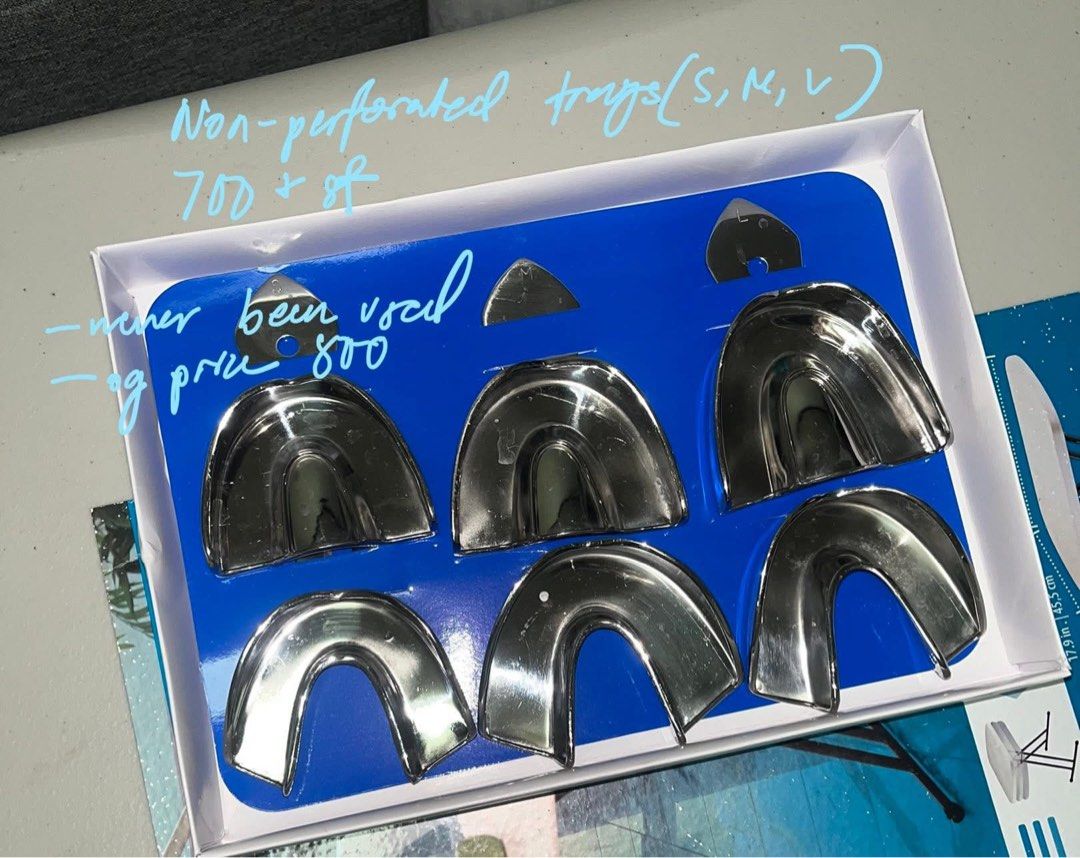 Non-perforated Dental Trays (S, M, L) (Category: Medical Supplies & Tools) located in Marilao. Submitted by pinhail (Listing ID 1409645308, Image 1). Description: - Set of non-perforated dental trays (Sizes: S, M, L) - Never used - shipment via jnt.