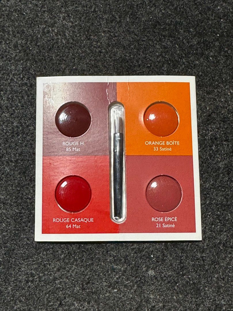 Rouge Hermes Lipstick 4 Sample Set (Satin & Mat) (Category: Makeup) located in Cabatuan. Submitted by cln_co (Listing ID 1409726796, Image 2). Description: No box. New and original. 4 colors sample set Rouge H (85 Mat finish) Rouge Casaque (64 Mat finish) Orange Boîte (33 Satin finish) Rose Épicé (21 Satin finish) Rfs: decluttering.