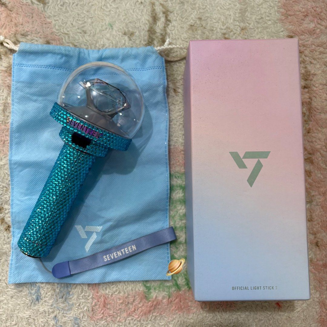 seventeen lightstick version 3 (Category: K-Wave Merchandise) located in General Trias. Submitted by wonusgyu (Listing ID 1409678236, Image 1). Description: caratbong ver 3 (bought it second hand & with rhinestones) - can connect to app - only used once in 17rh in bulacan - with minimal scratch lang sa dome - 1500 payo (prio) / 3 days DOP .