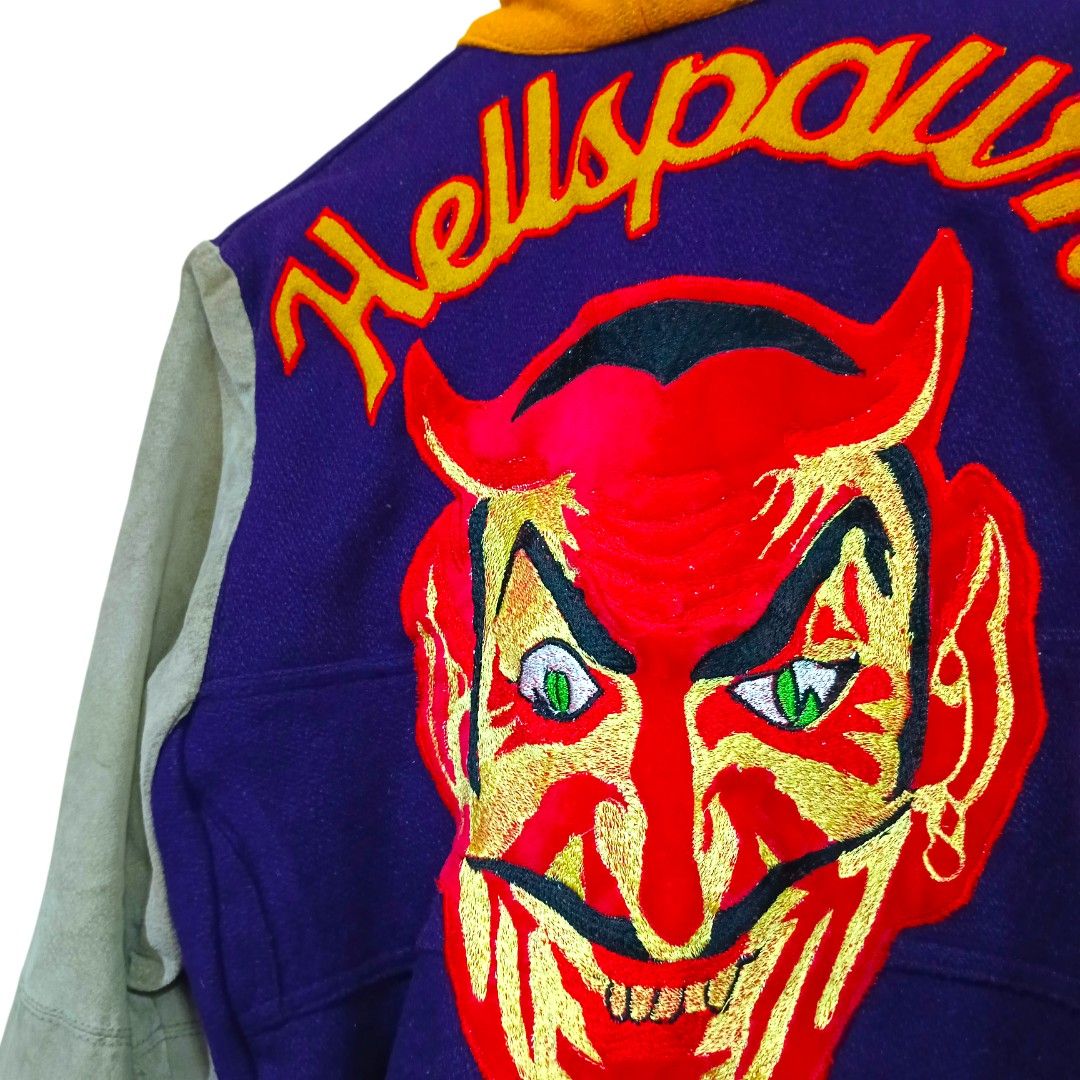 Vintage Butwin Hellspawn Diablo Varsity Jacket (Category: Coats, Jackets and Outerwear) located in Manila. Submitted by mf.classics (Listing ID 1409756027, Image 2). Description: - Vintage Butwin varsity jacket - Purple body with yellow and grey sleeves - Embroidered with "D Karma Diablo" on the front - "Hellspawn Diablo" and devil graphic on the back - Yellow collar and cuffs - Measurements: 24 L 22 W.