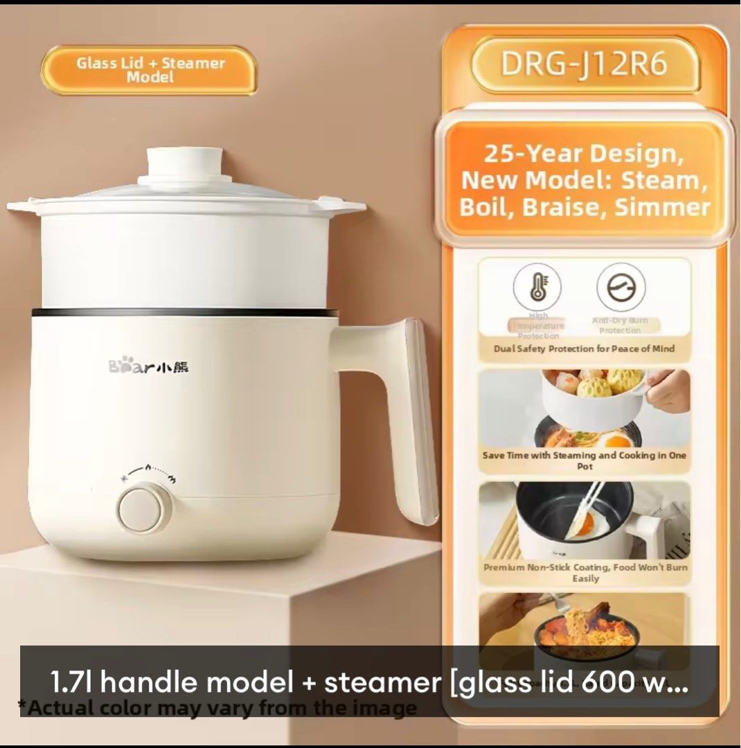 New- Bear Multi Cooker Steamer (Category: Cookers) located in Petaling Jaya. Submitted by shanne123 (Listing ID 1404270146, Image 1). Description: - Brand new Bear multipurpose electric cooker with glass lid - Perfect for students dormitory or home use. - 800W heating element with dual temperature adjustment. - Multiple cooking functions, including steaming, slow cooking, and hot pot. - with high temperature and anti-dry burning protection..
