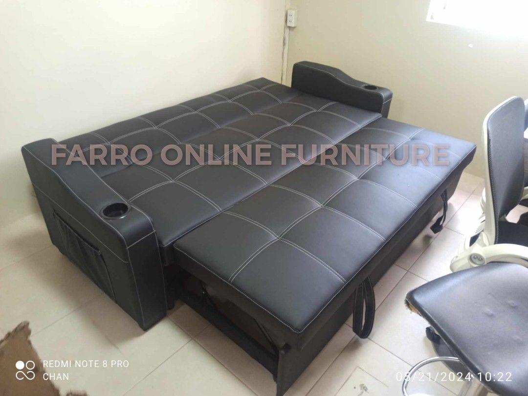 Big size leather sofabed (Category: Sofas) located in Pasay City. Submitted by cherry_nicole (Listing ID 1409840394, Image 2). Description: Big size sofabed Bigger than queen size bed frame(60x75) Small than king size bed frame (72x78) Leather cover Imported foam Metal frame With 2 cup holders Both Side pockets Brand new Imported from malaysia Free assemble CASH ON DELIVERY Free delivery around metro manila Plus minimal delivery outside metro man