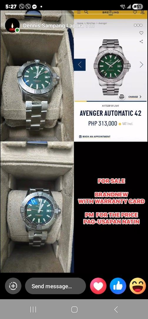 Breitling Avenger Automatic 42 Green Dial (Category: Luxury Watches) located in Quezon City. Submitted by ukay.fine.whatever (Listing ID 1409977523, Image 1). Description: Breitling Avenger Automatic 42 - Stunning green dial - Includes warranty card - Stainless steel bracelet - Rotating bezel - Comes with original box - Message for price.