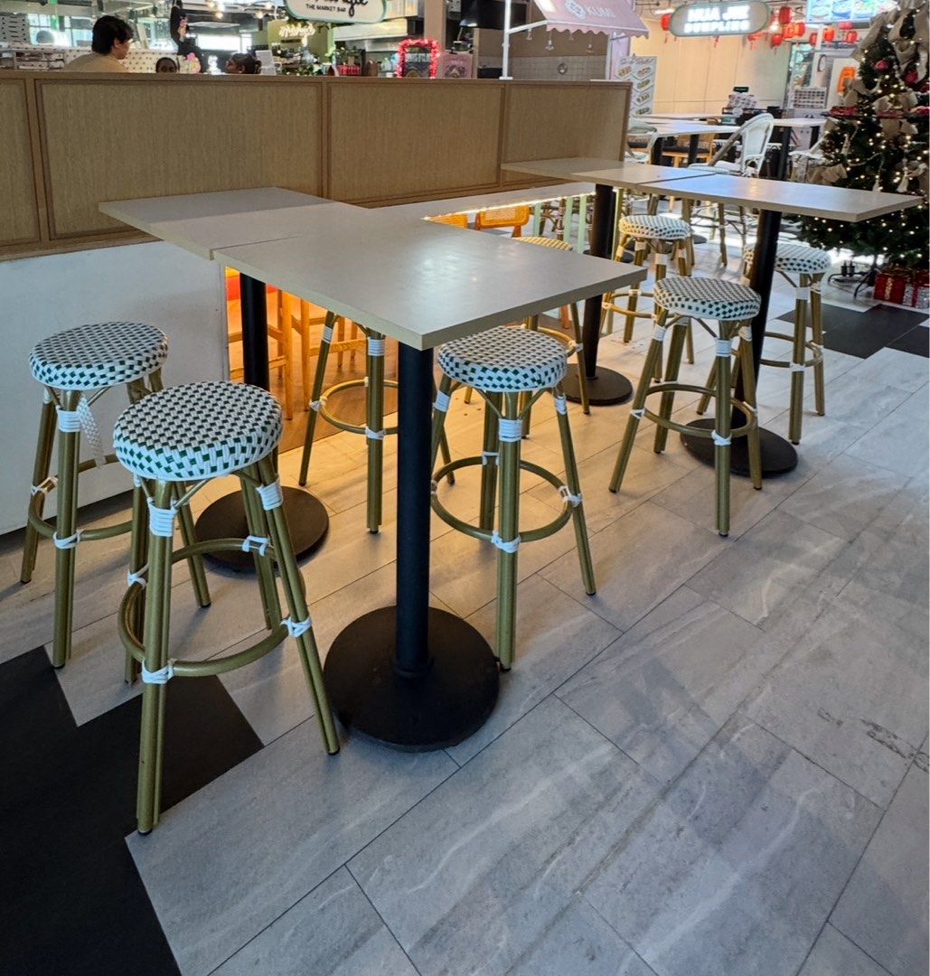 table (Category: Tables & Sets) located in Singapore. Submitted by stylexxx (Listing ID 1409922264, Image 2). Description: - dining table (tables only, no chairs) - Rectangular table with a white top - high quality laminate, restaurant grade, waterproof and dirt proof - 20 pieces x short tables: 75cm x 60cm x 74cmH, $30 each - 20 pieces x high tables: 75cm x 60cm x 105cmH, $40each - self collection at Queenstown. Delivery available at additional 