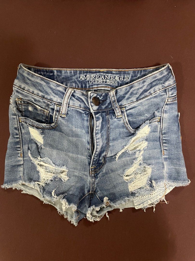 Denim shorts American Eagle (Category: Shorts) located in Manila. Submitted by ava_declutters (Listing ID 1409978329, Image 1). Description: - XS-S - 27-28 - Stretchy Fabric - Semi-Low waist - SHORT ! .