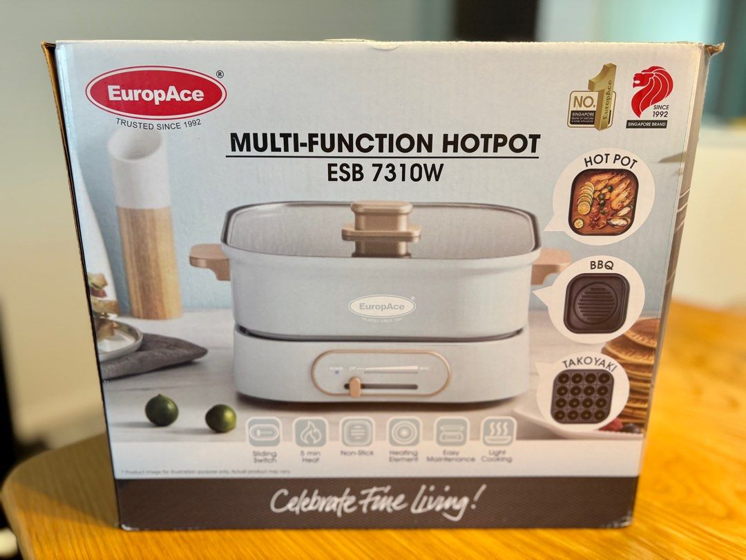 EuropAce Multi-Function Hotpot ESB 7310W (Category: BBQ, Grills & Hotpots) located in Singapore. Submitted by cudds (Listing ID 1409890708, Image 1). Description: - Brand new EuropAce multi-function hotpot - Functions: Hot pot, BBQ, Takoyaki - Features: Sliding switch, 5-minute heat-up, non-stick surface - Easy to clean and maintain - Perfect for versatile cooking.
