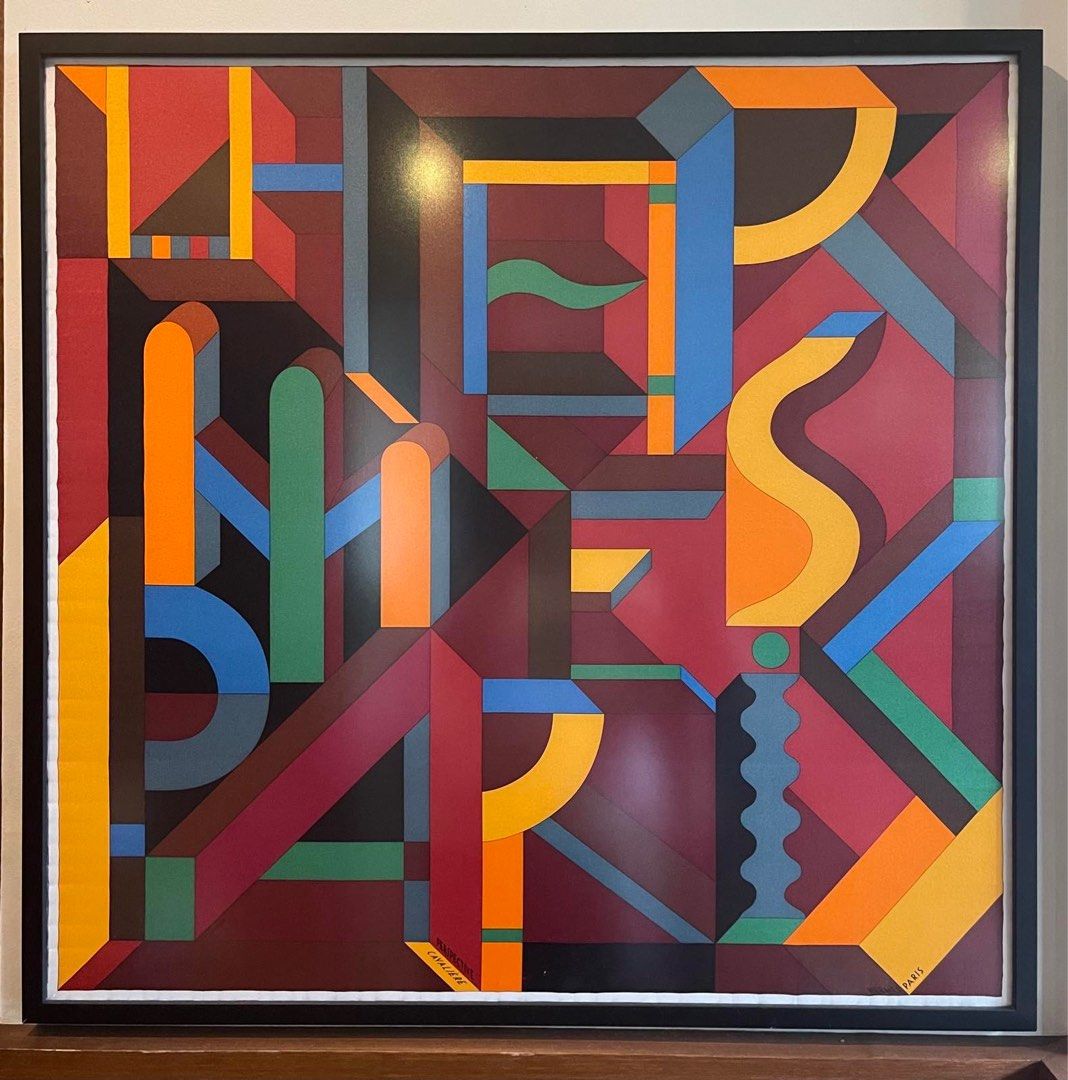 Framed Hermes "Perspective Cavalière" Scarf (Category: Luxury Accessories) located in Quezon City. Submitted by mscasido (Listing ID 1409862155, Image 1). Description: Size: 30"x30" This is a framed Hermès "Perspective Cavalière" scarf or art piece, featuring a geometric, anamorphic design. The design, created by the artist known as Anamorphee, plays with perspective to form the words "Hermès Paris". It has been used across various Hermès product