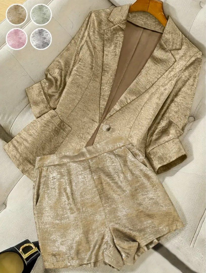 Gold Blazer and Shorts Set (Category: Sets or Coordinates) located in Imus. Submitted by boopnda (Listing ID 1409889212, Image 1). Description: LOCATION ANABU IMUS CAVITE size : pls see photos -perfect sa weather ng pilipinas 👍🏻 - Gold blazer and shorts set - Single-button closure - Three-quarter sleeves - Shorts with pockets - Subtle textured fabric - Ideal for a chic and stylish look - Suitable for casual and semi-formal occasions.