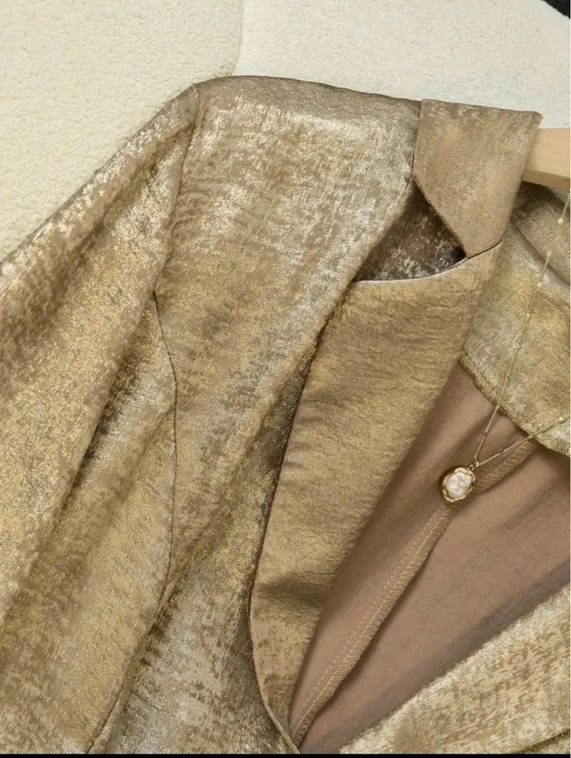 Gold Blazer and Shorts Set (Category: Sets or Coordinates) located in Imus. Submitted by boopnda (Listing ID 1409889212, Image 3). Description: LOCATION ANABU IMUS CAVITE size : pls see photos -perfect sa weather ng pilipinas 👍🏻 - Gold blazer and shorts set - Single-button closure - Three-quarter sleeves - Shorts with pockets - Subtle textured fabric - Ideal for a chic and stylish look - Suitable for casual and semi-formal occasions.
