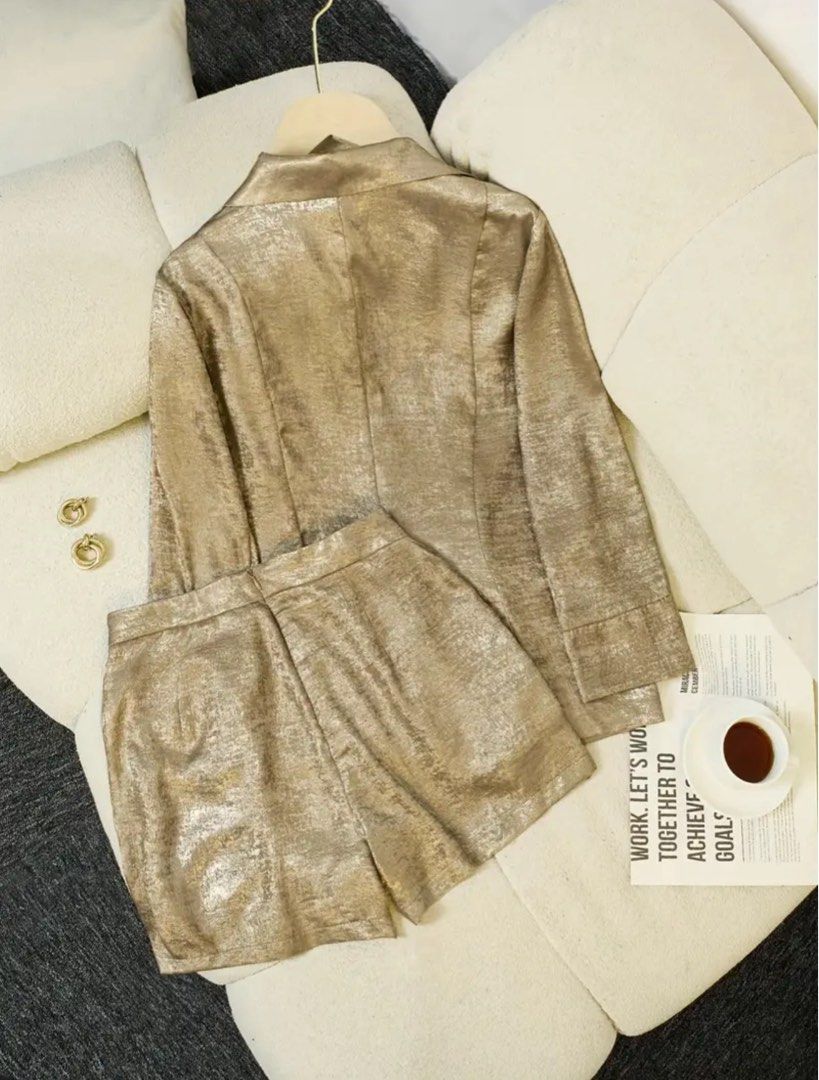 Gold Blazer and Shorts Set (Category: Sets or Coordinates) located in Imus. Submitted by boopnda (Listing ID 1409889212, Image 2). Description: LOCATION ANABU IMUS CAVITE size : pls see photos -perfect sa weather ng pilipinas 👍🏻 - Gold blazer and shorts set - Single-button closure - Three-quarter sleeves - Shorts with pockets - Subtle textured fabric - Ideal for a chic and stylish look - Suitable for casual and semi-formal occasions.