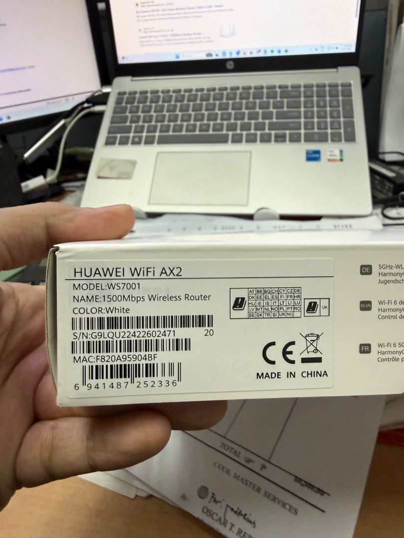 Huawei WiFi AX2 1500Mbps Wireless Router 6 (Category: Networking) located in Antipolo. Submitted by nil.nil1 (Listing ID 1409886452, Image 2). Description: Huawei WiFi AX2 router. Features Wi-Fi 6, 1500Mbps dual-band auto-selection, HarmonyOS Mesh+ for better coverage, and parental control. Includes Gigabit Ethernet ports and Huawei AI Life app support. Color is white. Model number is WS7001. 10pcs available.