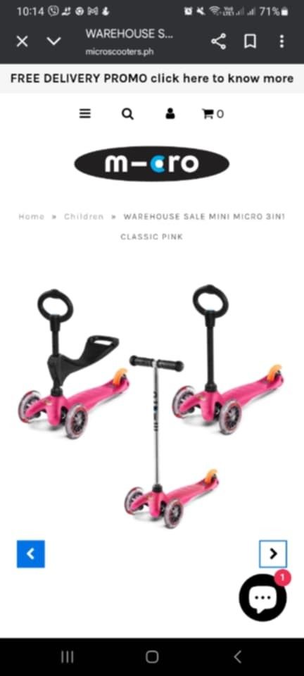 Mini Micro Scooter 3 in 1 classic pink (Category: Other Babies Going Out Needs) located in Manila. Submitted by rackmnl (Listing ID 1409844822, Image 1). Description: Selling my child's scooter. 3-in-1. Complete seats. Brand new price 5,000.00. .