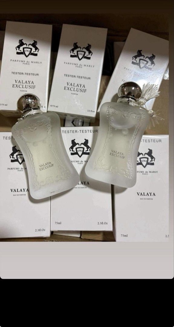 Parfums de Marly Valaya Exclusif Tester 75ml (Category: Fragrance & Deodorants) located in Manila. Submitted by kpayum (Listing ID 1409884533, Image 1). Description: Parfums de Marly Valaya Exclusif perfume. This is a tester bottle, 75ml. The bottle has a unique shape with a silver cap. The box is white with the brand logo and product name. Several bottles are available. 💯👌 Long lasting scent From: UAE.