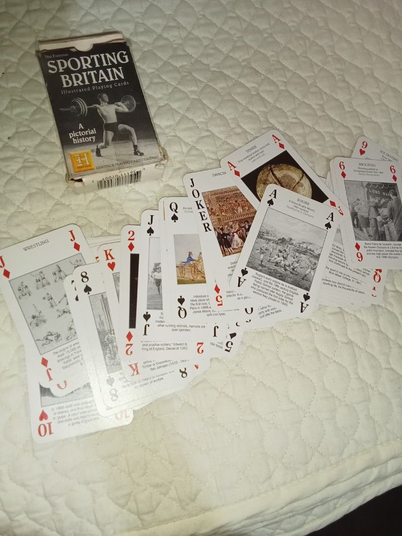 Sporting Britain Illustrated Playing Cards (Category: Board Games & Puzzles) located in Bocaue. Submitted by marajapansurplus (Listing ID 1409817906, Image 2). Description: - Vintage Sporting Britain playing cards - Features a pictorial history of sports - Complete deck with original box - Showcases various sports and historical figures GCash payment +shipping fee No refund / No return or Exchange Shipping via J &T courier Delivery via Lalamove S