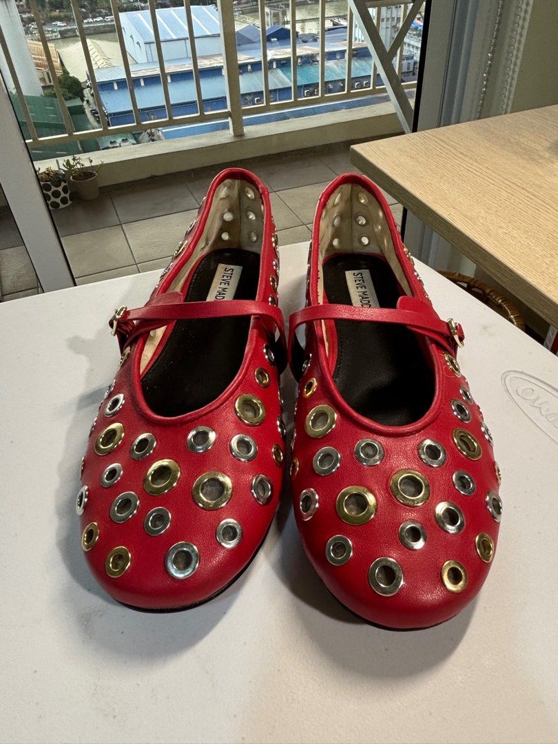 Steve Madden Red Studded Flats (Category: Flats & Sandals) located in Pasig City. Submitted by dbhdeclutters (Listing ID 1409961811, Image 1). Description: - Steve Madden red flats - Round toe design - Silver and gold-toned stud accents - Adjustable buckle strap - can send more photos for serious buyers - used twice only.