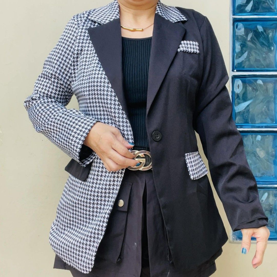 Two-Toned Houndstooth Blazer (Category: Coats, Jackets and Outerwear) located in Bulacan. Submitted by fenph2021 (Listing ID 1409819818, Image 2). Description: - Two-toned design: houndstooth and solid black - Single-button closure - Features two pockets s-l last price posted add 54 SF - Versatile for various outfits - Adds a touch of sophistication.