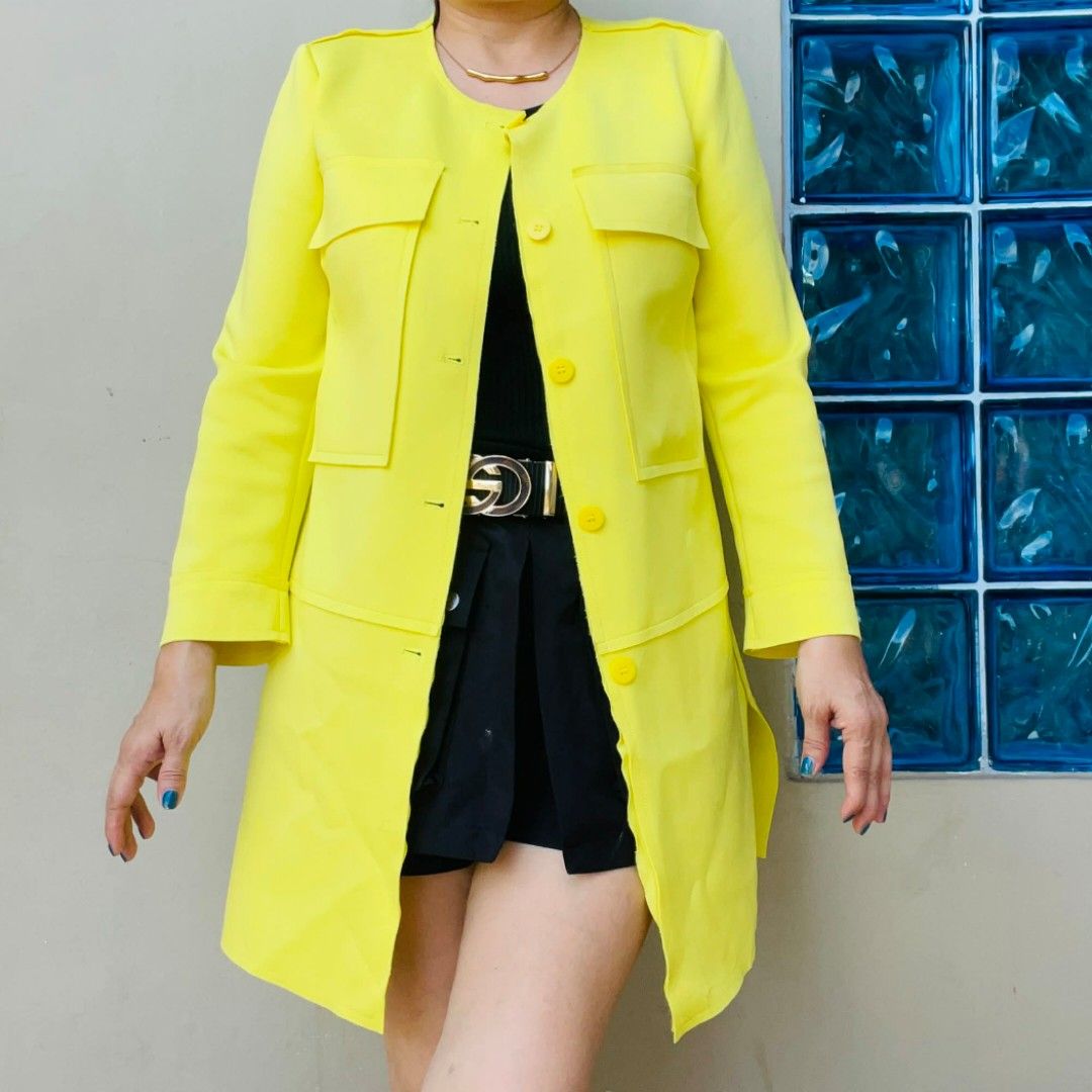 Yellow Blazer (Category: Coats, Jackets and Outerwear) located in Bulacan. Submitted by fenph2021 (Listing ID 1409818630, Image 1). Description: - Bright yellow blazer - Classic design - Round neckline - Button closure fts - Two front pockets - Long sleeves - Tailored fit - Smooth, woven fabric fits s-l spandex premium fabric.