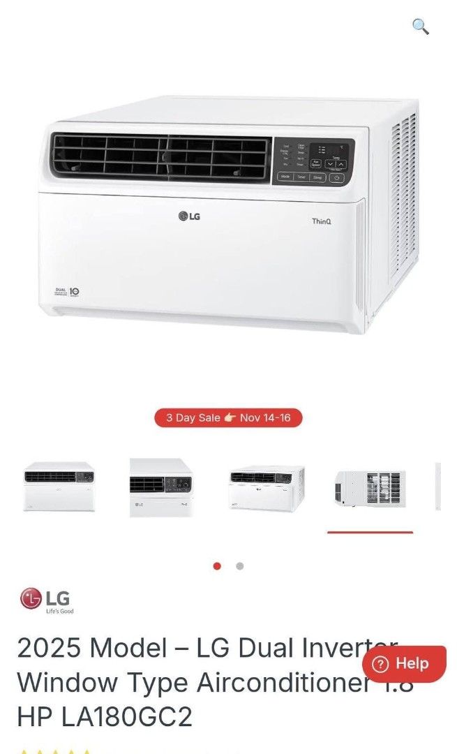 2025 Model LG Dual Inverter Window Type HP 1.5 (Category: Air Conditioning and Heating) located in Manila. Submitted by alexguevarra (Listing ID 1410051982, Image 3). Description: Decluttering! Bought April 26, 2025 RFS: di kasya sa nilipatan namin, no issues good as new. With warranty LG Dual Inverter Compressor - Kilowatt Manager with ThinQ - AEC (Energy Control) - Filter Alarm Function We bought this for 41k, selling price is 19k for faster di
