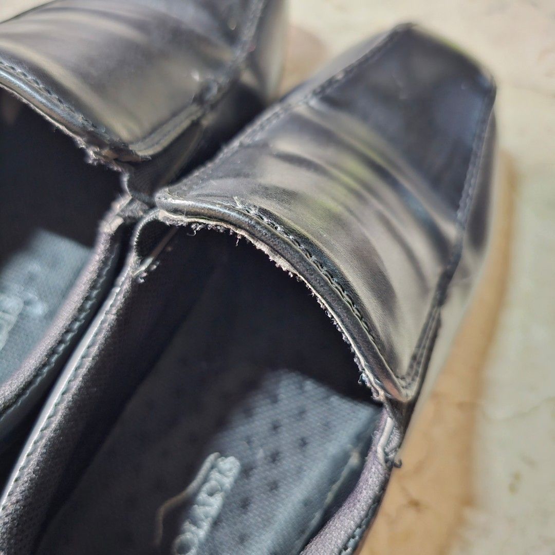 BLACK SCHOOL SHOES for kid (Category: Babies & Kids Fashion) located in Paranaque City. Submitted by mystuffmel (Listing ID 1410061007, Image 2). Description: - Black Polaris slip-on loafers - Sole dimensions: 8 inches (length) x 3 inches (width) - Shows wear and tear on the edges - Black interior with Polaris logo RFS decluttering.