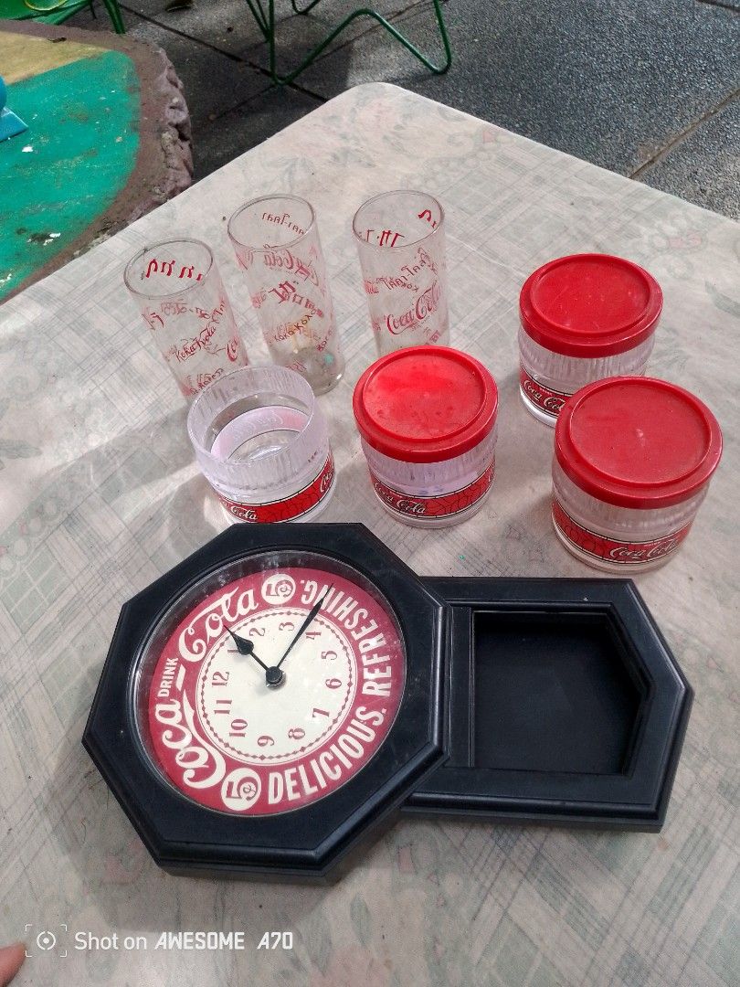 Coca-Cola Clock, Glasses, and Jars Set (Category: Vintage Collectibles) located in Caloocan City. Submitted by kaymatias (Listing ID 1410093803, Image 1). Description: for sale coke item take all for 850pesos.
