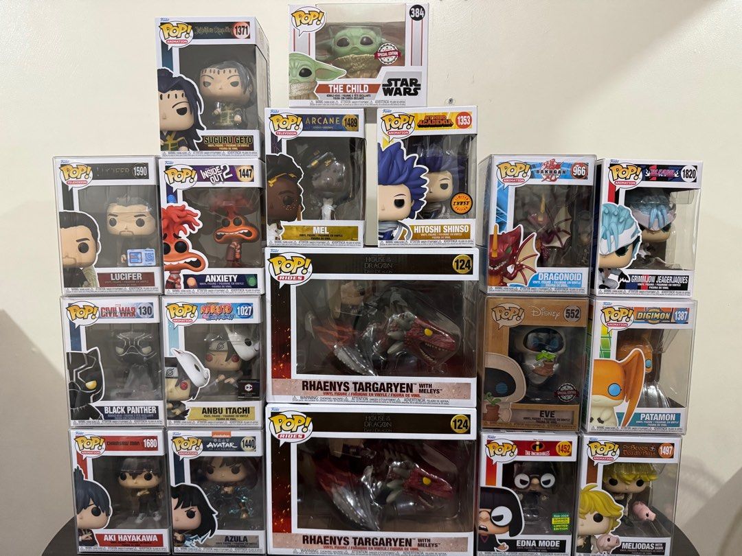 Funko Pops (Category: Figurines & Statues) located in Quezon City. Submitted by erickpasco (Listing ID 1410089738, Image 1). Description: Rhaenys Targaryen with Meleys - 2,000 Suguru Geto - 750 Lucifer - 1,500 Anxiety - 400 Mel - 600 Hitoshi Shinso (Chase) 8/10 - 1,200 Dragonoid - 500 Grimmjow - 500 Black Panther - 450 Anbu Itachi - 800 Eve - 1,000 Patamon - 300 Aki Hayakawa - 500 Azula - 650 Edna Mode - 500 Meliodas - 500 Location: Quezon City .