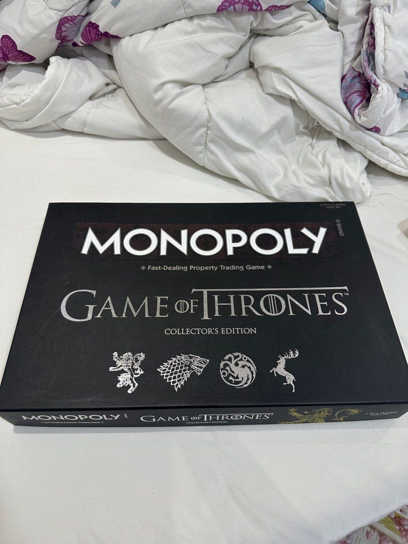 RUSH NEED FUNDS GAME OF THRONES Monopoly Board Game (Category: Board Games & Puzzles) located in Taguig. Submitted by chrryblssmhvn (Listing ID 1410080982, Image 1). Description: board game for your late night party, sleepover, airbnb, pajama party, couple anniversary, couple monthsary, couple date, any party :) already opened, see pics for details haven’t used since purchased huhu wanna keep sana but wala ako kalaro sad.