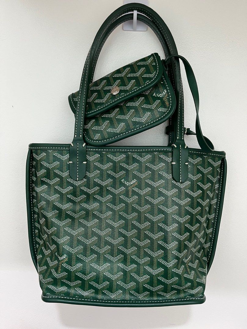 Goyard Green Tote Bag with Pouch (Category: Luxury Bags & Wallets) located in Manila. Submitted by momentsntreasures (Listing ID 1410020871, Image 2). Description: - Goyard mini anjou bag - Green color - Includes matching pouch - Signature Goyardine pattern - Interior stamped "Goyard Paris Made in France" - White stitching - Two top handles.