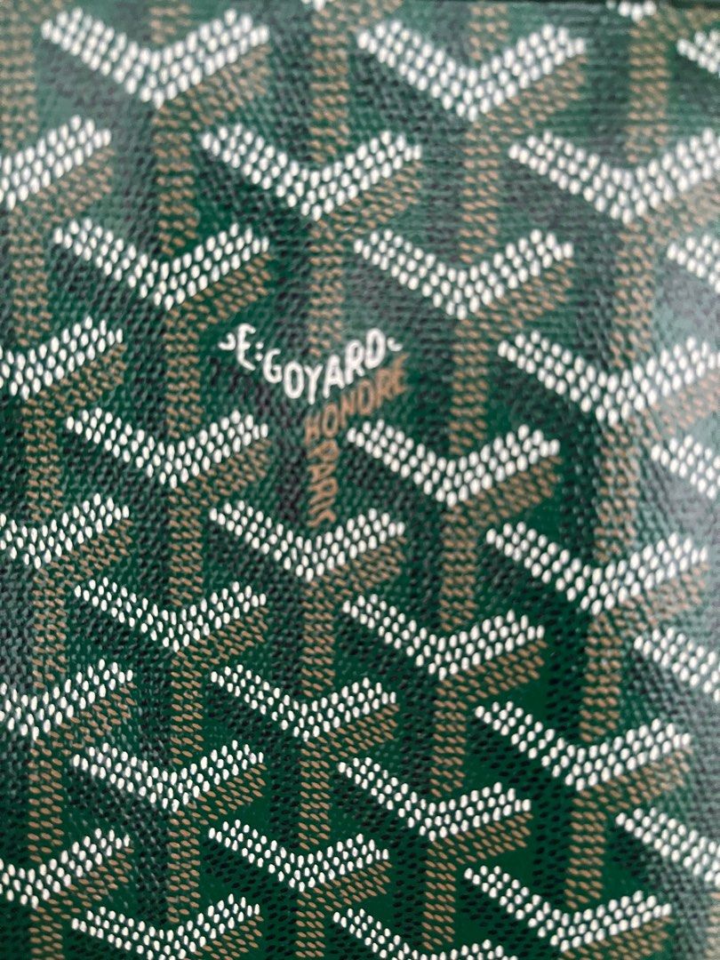 Goyard Green Tote Bag with Pouch (Category: Luxury Bags & Wallets) located in Manila. Submitted by momentsntreasures (Listing ID 1410020871, Image 3). Description: - Goyard mini anjou bag - Green color - Includes matching pouch - Signature Goyardine pattern - Interior stamped "Goyard Paris Made in France" - White stitching - Two top handles.