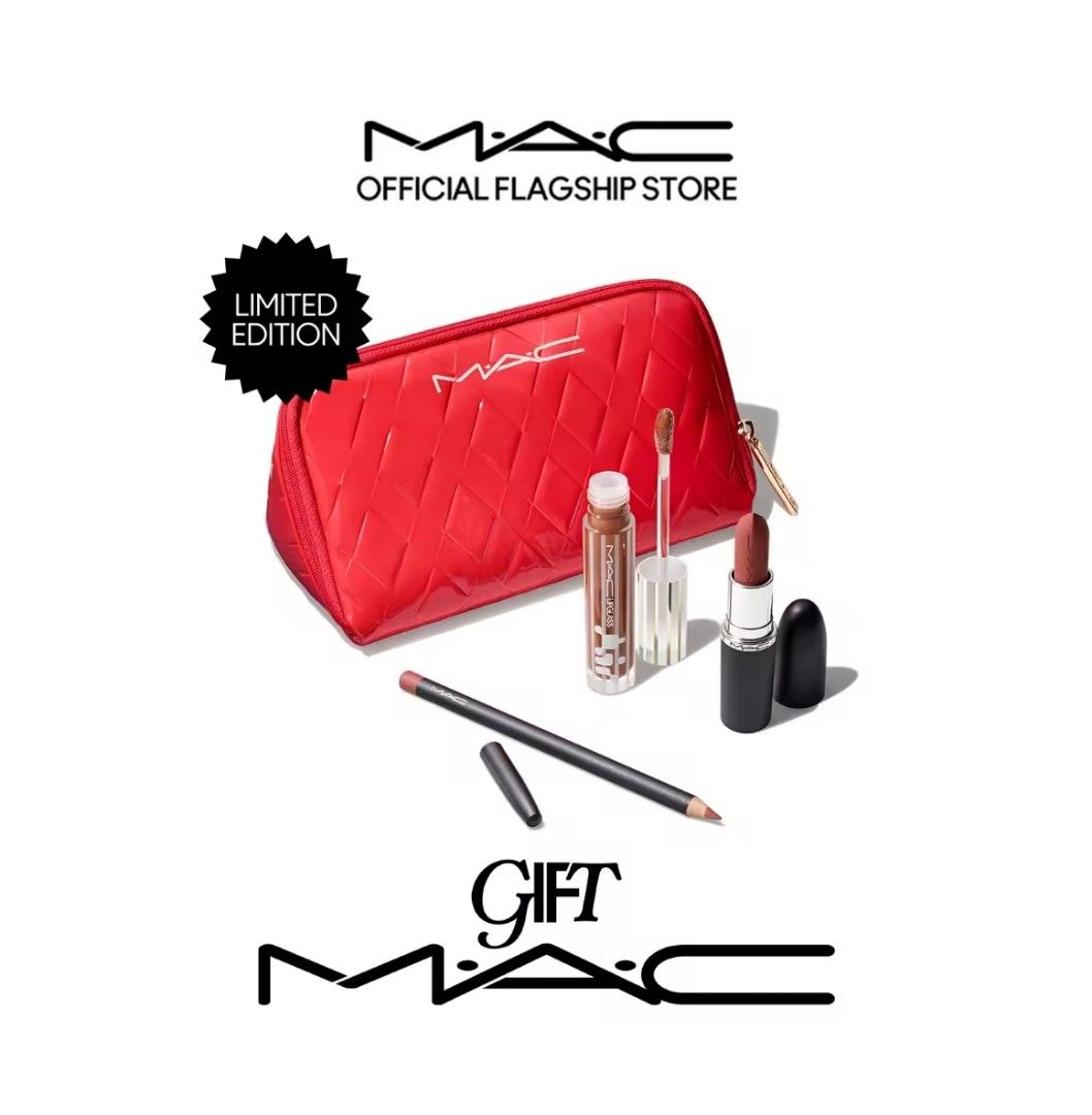 MAC Trending Tomorrow Lip Trio: Nude (Category: Makeup) located in Tarlac. Submitted by kapao_toys_collectibles (Listing ID 1410046836, Image 1). Description: - Limited Edition MAC Lip Trio - Includes: Lipstick (silky matte finish), Lip Pencil, and Lipglass - Comes with a red quilted makeup bag - Ideal for creating a nude lip look.