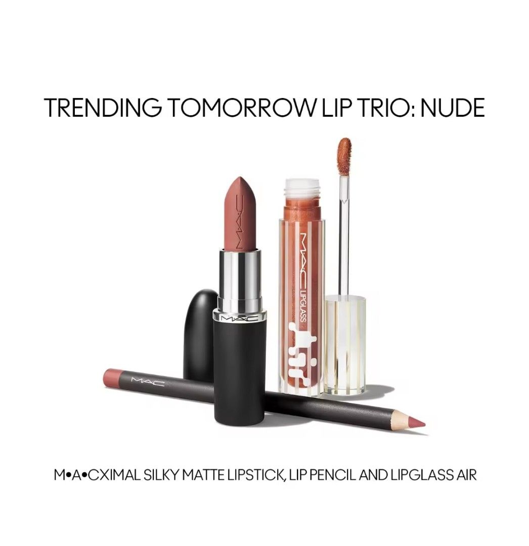 MAC Trending Tomorrow Lip Trio: Nude (Category: Makeup) located in Tarlac. Submitted by kapao_toys_collectibles (Listing ID 1410046836, Image 2). Description: - Limited Edition MAC Lip Trio - Includes: Lipstick (silky matte finish), Lip Pencil, and Lipglass - Comes with a red quilted makeup bag - Ideal for creating a nude lip look.