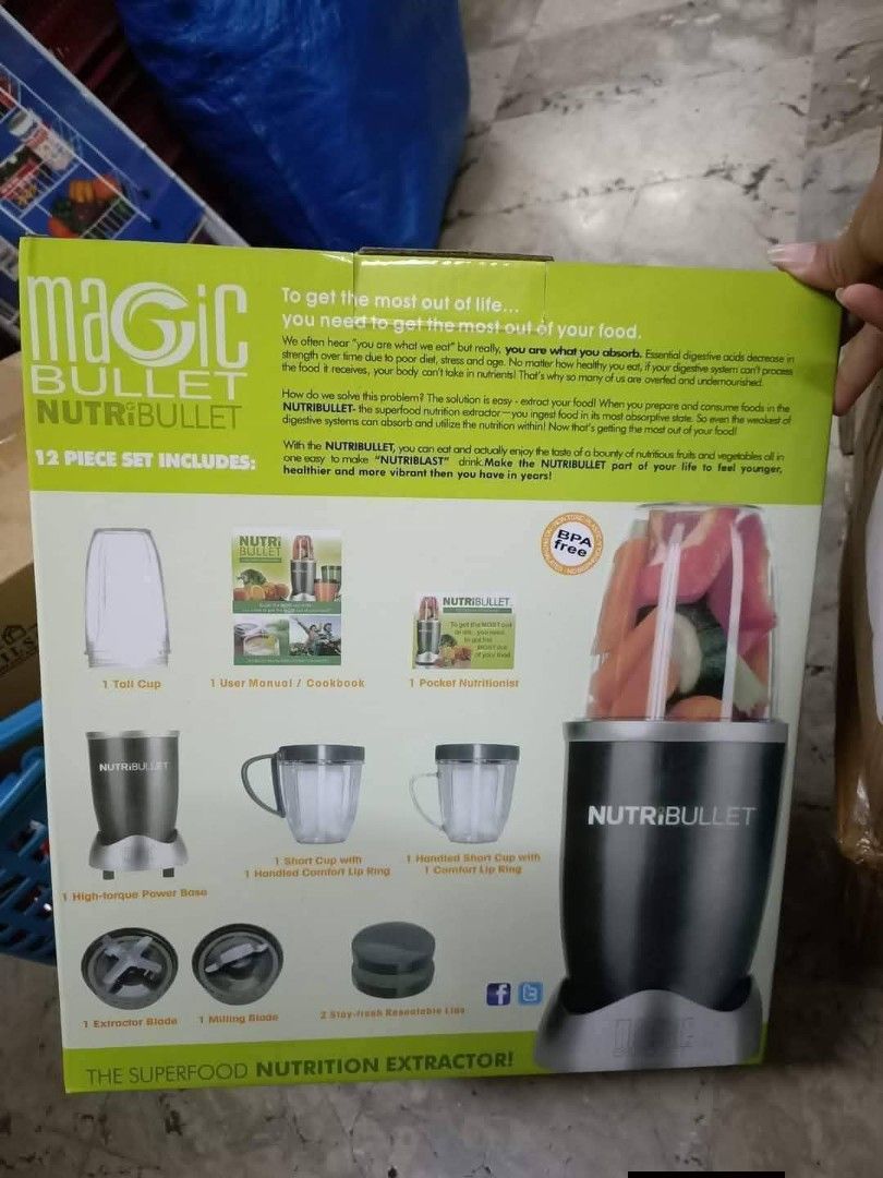 Magic Bullet NutriBullet 12-Piece Set (Category: Juicers, Blenders & Grinders) located in Caloocan City. Submitted by gemmareas571129 (Listing ID 1410079413, Image 3). Description: Magic Bullet NutriBullet is a superfood nutrition extractor. This 12-piece set includes a high-torque power base, extractor blade, short cups, tall cups, and more. It has a powerful 600-watt motor. Perfect for making smoothies and other healthy drinks. BPA-free..