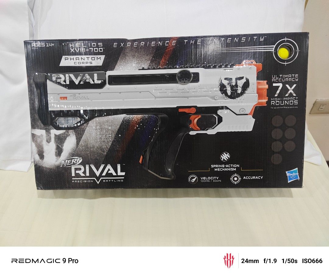 Nerf Rival Helios XV-700 Phantom Corps (Category: Action & Battle Toys) located in Manila. Submitted by tochi090910 (Listing ID 1410135010, Image 1). Description: - Nerf Rival Helios XV-700 blaster - Spring-action mechanism - High-impact rounds for accuracy - Part of the Phantom Corps series - Designed for precision battling.
