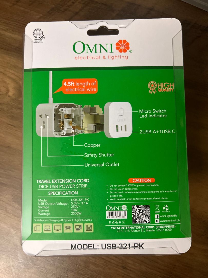 Omni Dice USB Power Strip USB-321 (Category: Electrical, Adaptors & Sockets) located in Marikina City. Submitted by mariefdv (Listing ID 1410025755, Image 3). Description: Omni Dice USB Power Strip USB-321 Cube Extension Cord – designed as a stylish Cube shape extension Cord outlet, provides a very compact and east to carry design. Having a Universal Outlet for usage of numerous kinds of International Plugs. Also provides Fast Charging capability